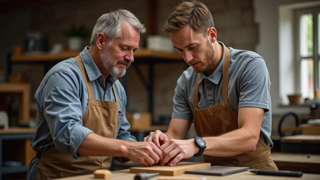 Erfahrener Handwerker zeigt einem Lehrling die richtige Technik bei der praktischen Arbeit in der Werkstatt