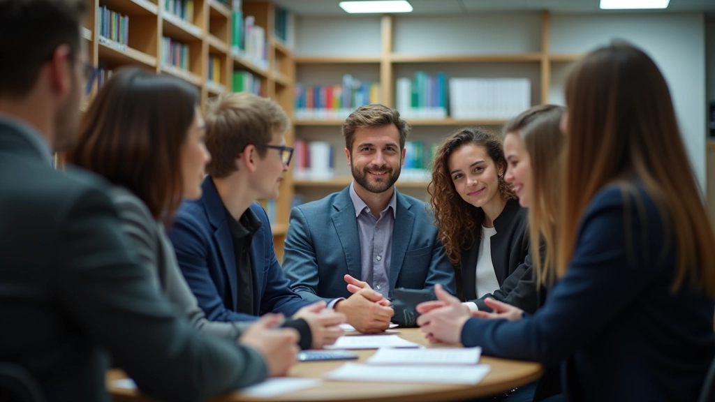 Studenten in einer Bibliothek diskutieren Bildungsthemen