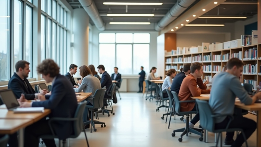 Moderne Universitätsbibliothek mit Studierenden beim Lernen und Forschen