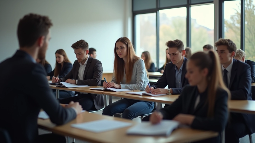 Moderner Klassenzimmerraum mit Auszubildenden beim Unterricht und interaktiven Lernmaterialien