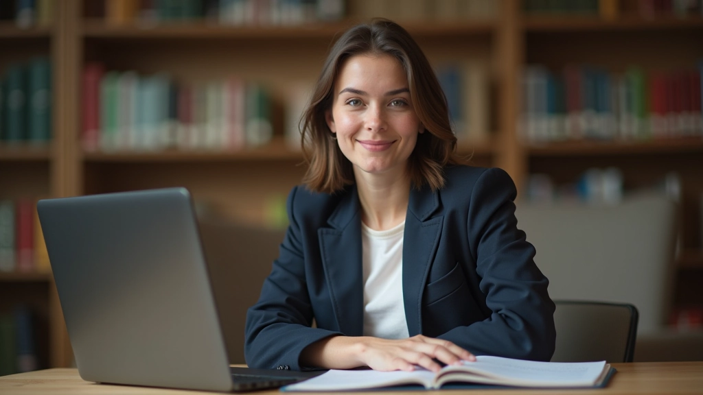 Junge Studentin in Bibliothek mit Laptop und Lehrbüchern bei Recherche